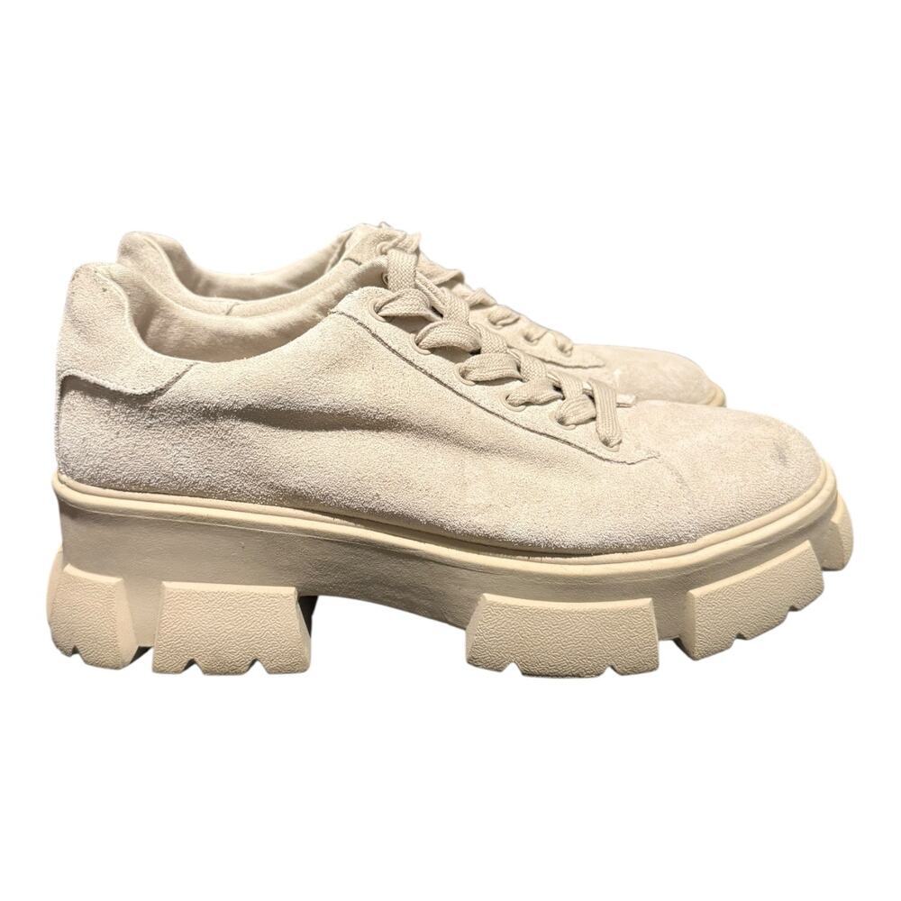 Steve Madden Lug Sole Platform Sneakers Womens 8.5 Beige Chunky Lace Up Shoes - Picture 2 of 9